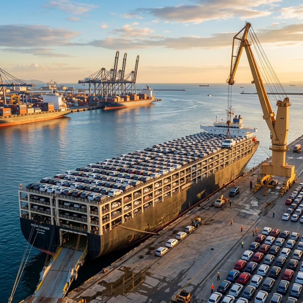 Cargo ship carrying vehicles at port bound for Hawaii