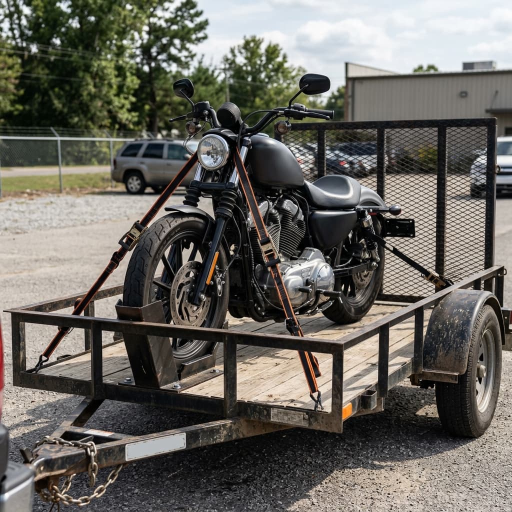 Motorcycle securely strapped upright on a trailer