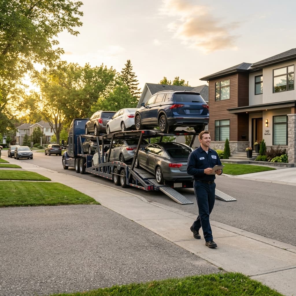 Door-to-door car carrier trailer truck parked on a residential suburban street in front of a home