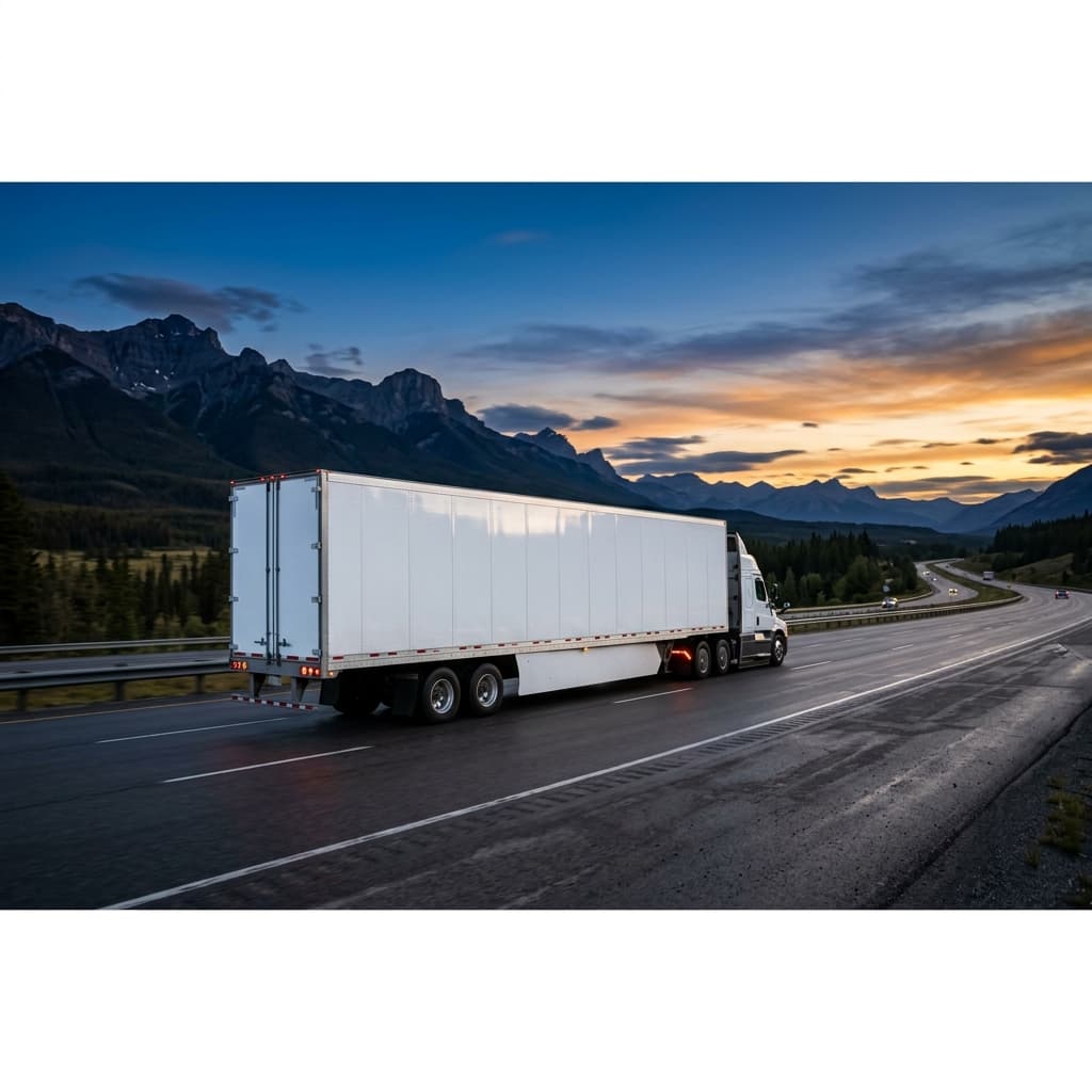 Enclosed auto transport white box trailer truck driving at dusk on a highway