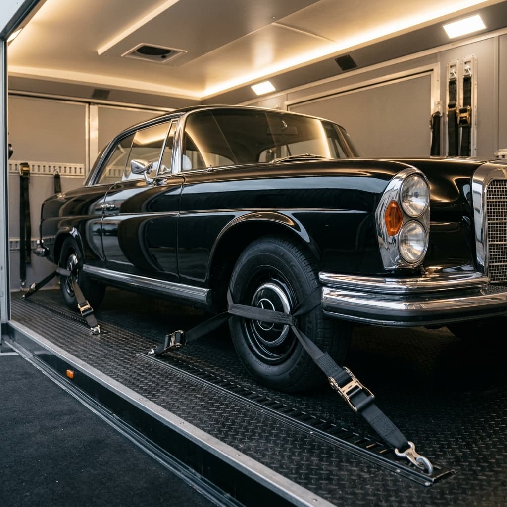 Classic luxury car secured inside enclosed transport trailer with soft tie-downs