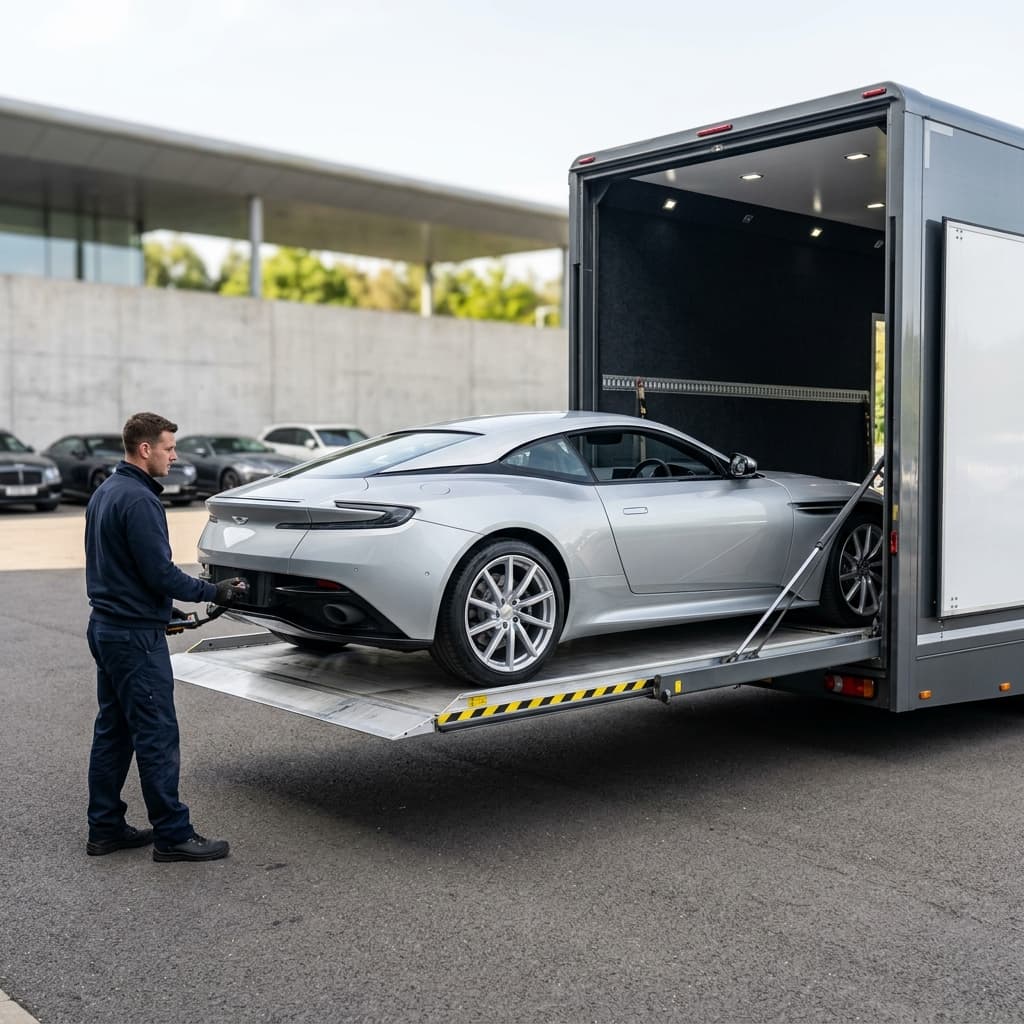 Luxury sports car being loaded via liftgate onto enclosed transport trailer