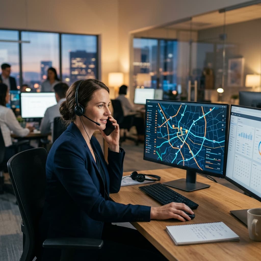 Logistics dispatcher actively coordinating priority carrier dispatch