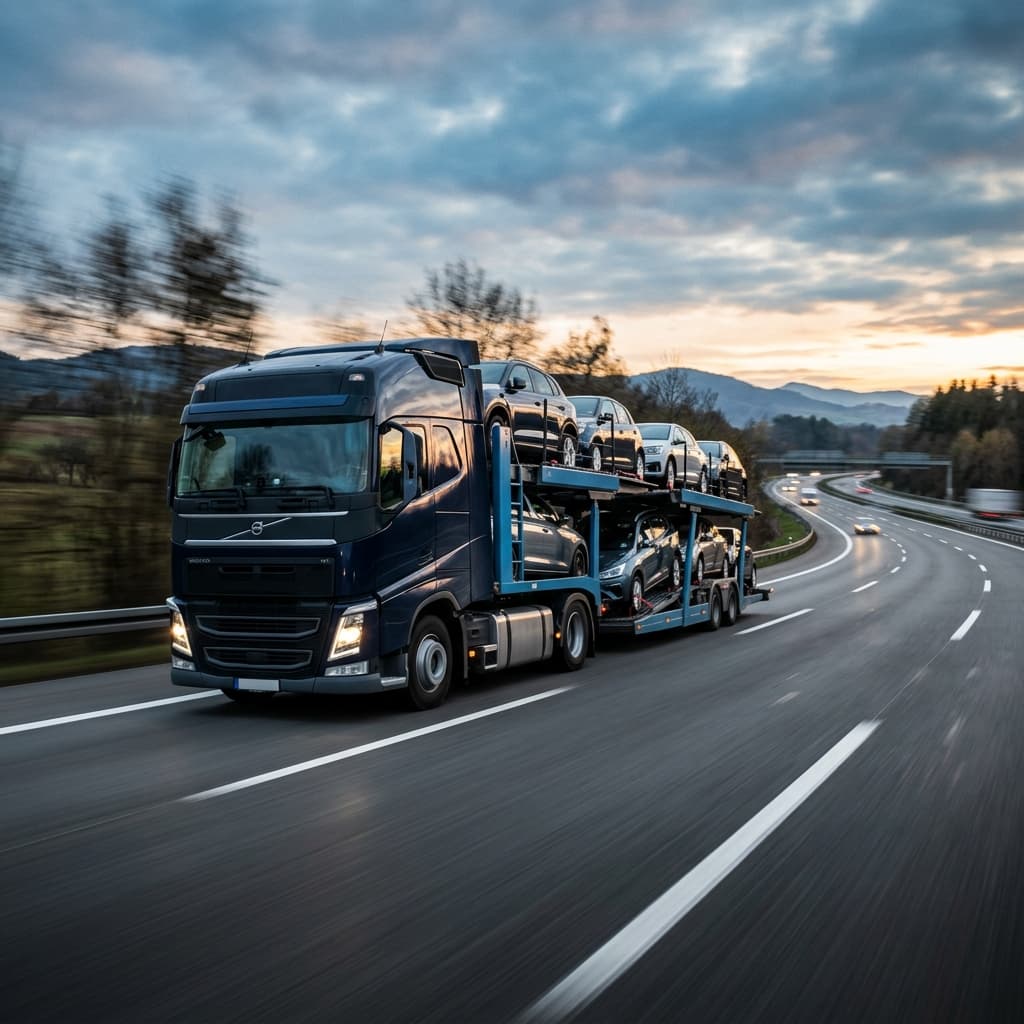 Expedited auto transport carrier truck driving at highway speed in morning light