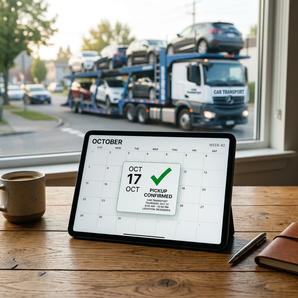 Digital calendar displaying confirmed pickup date confirmation for auto transport