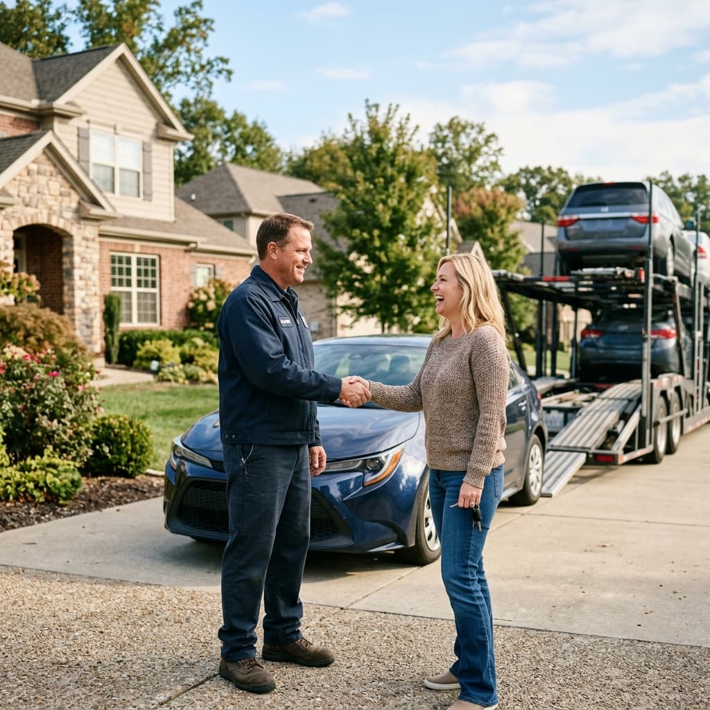 Professional carrier driver shaking hands with vehicle owner in driveway