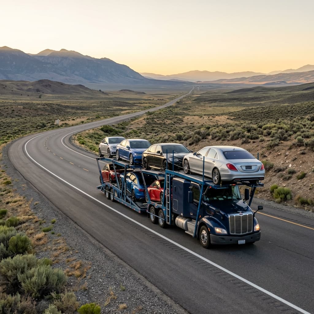 Dedicated auto transport carrier truck driving on an open highway in early morning light