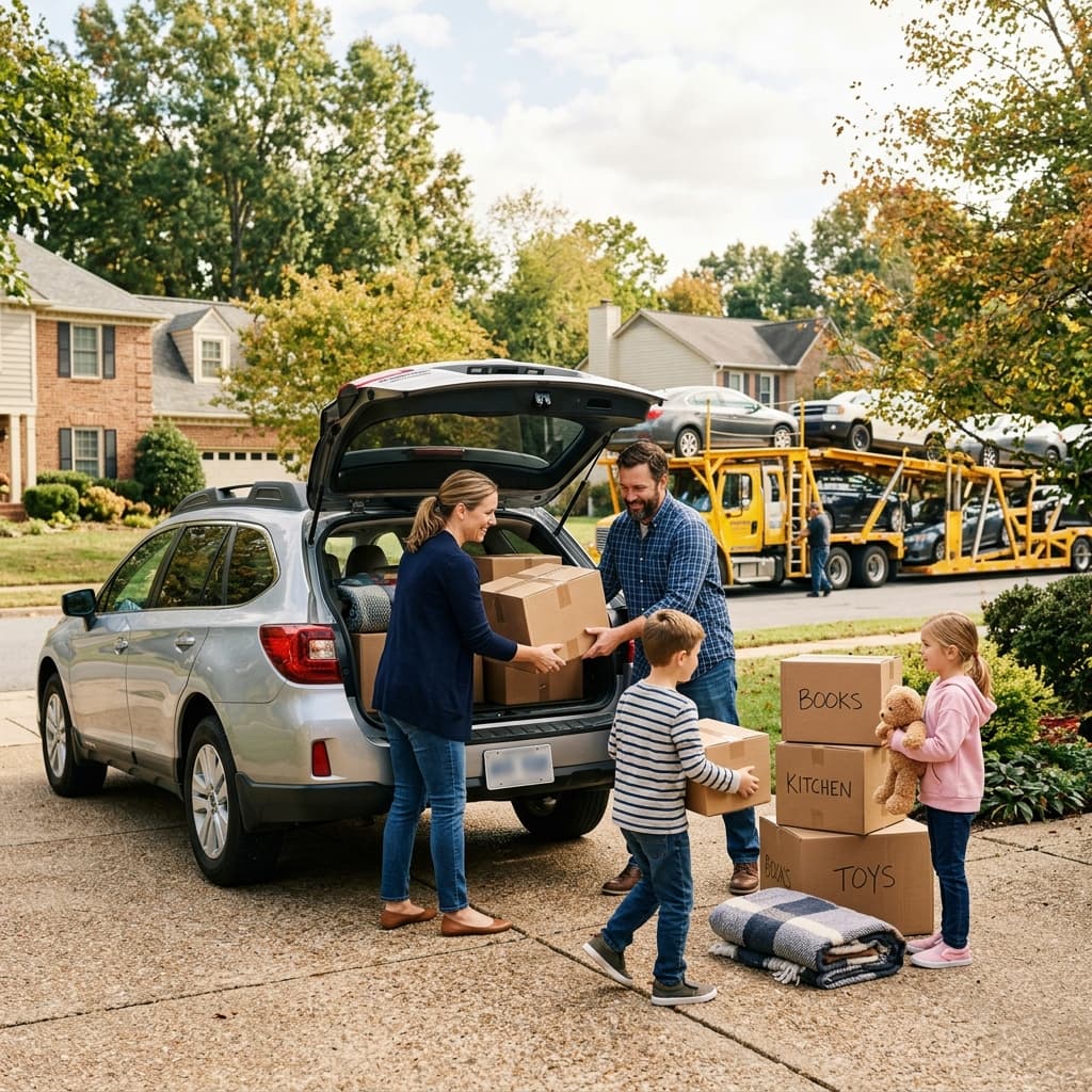 Family reviewing moving checklist together at home