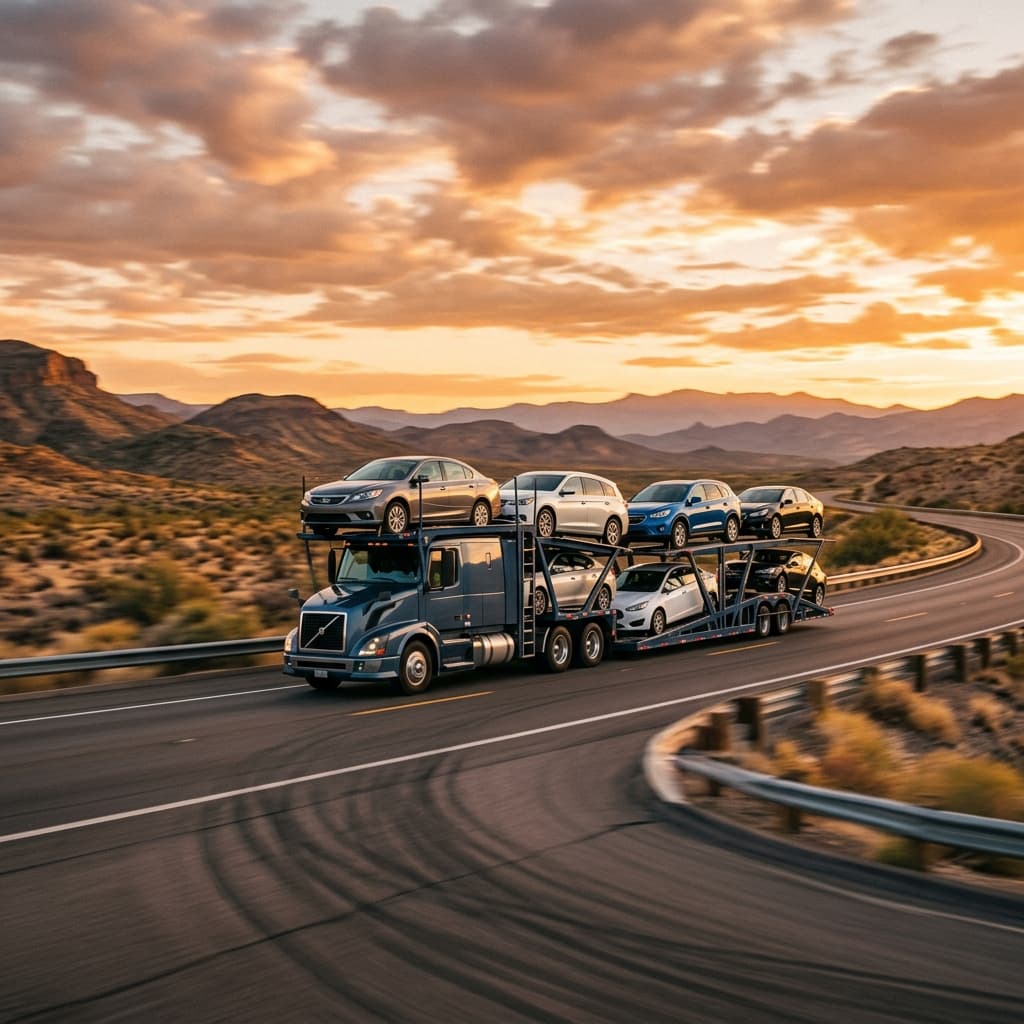 Open car transport carrier truck driving on a highway at golden hour