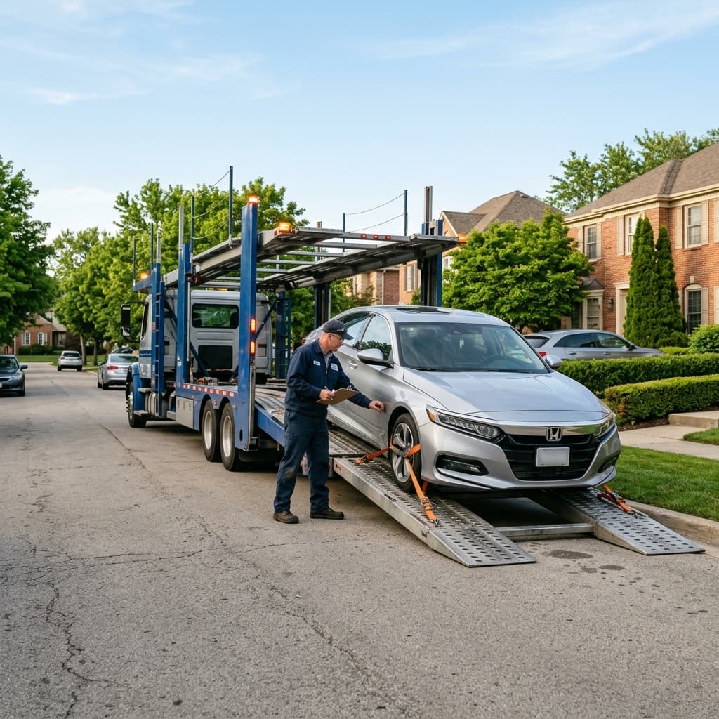 Professional carrier driver inspecting a vehicle during open transport pickup