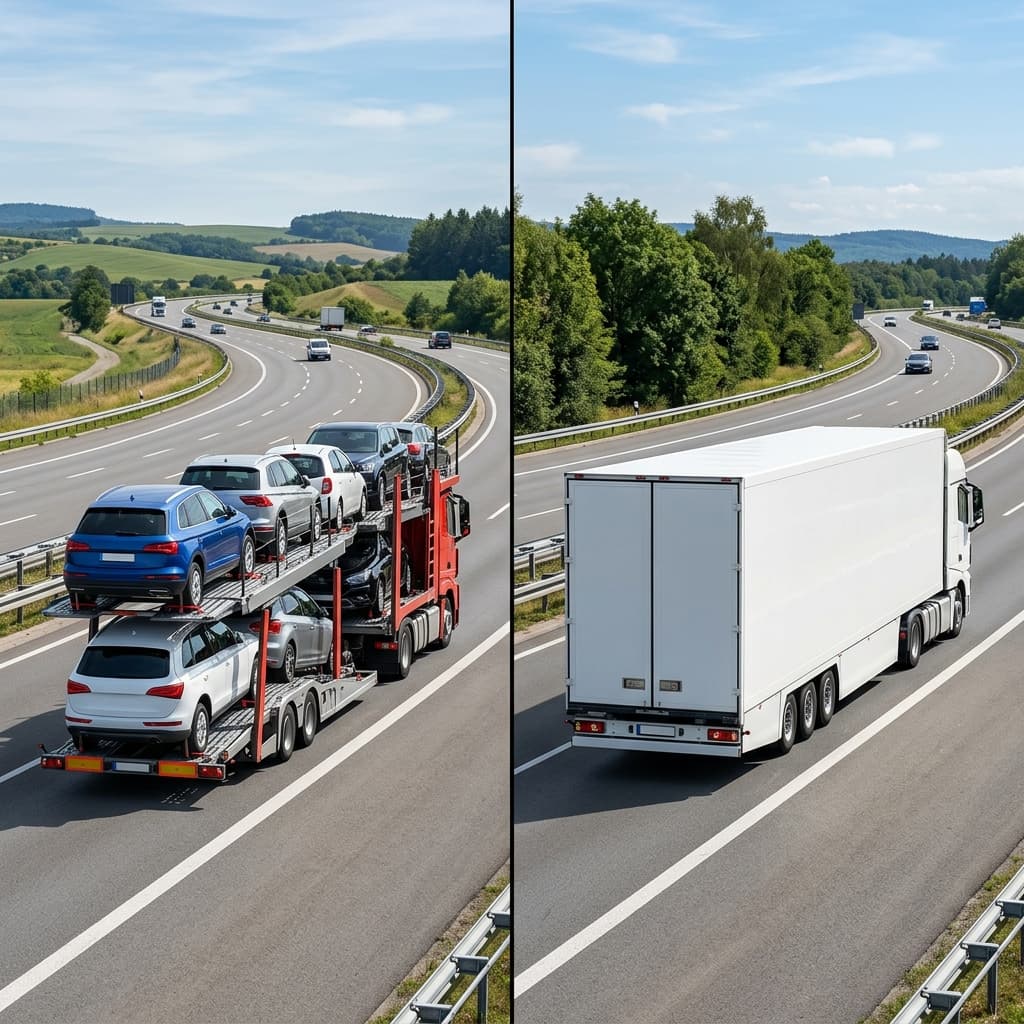 Side by side comparison of open car carrier and enclosed transport trailer